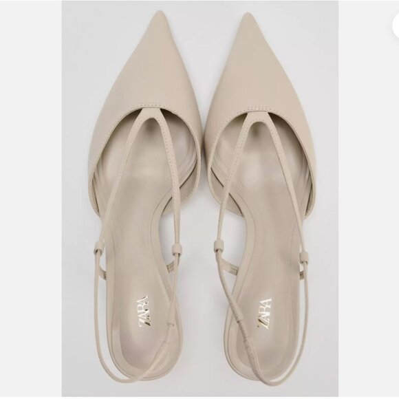 ZARA NWT LEATHER KITTEN HEEL SLINGBACKS WHITE CREAM 10 - Picture 3 of 6